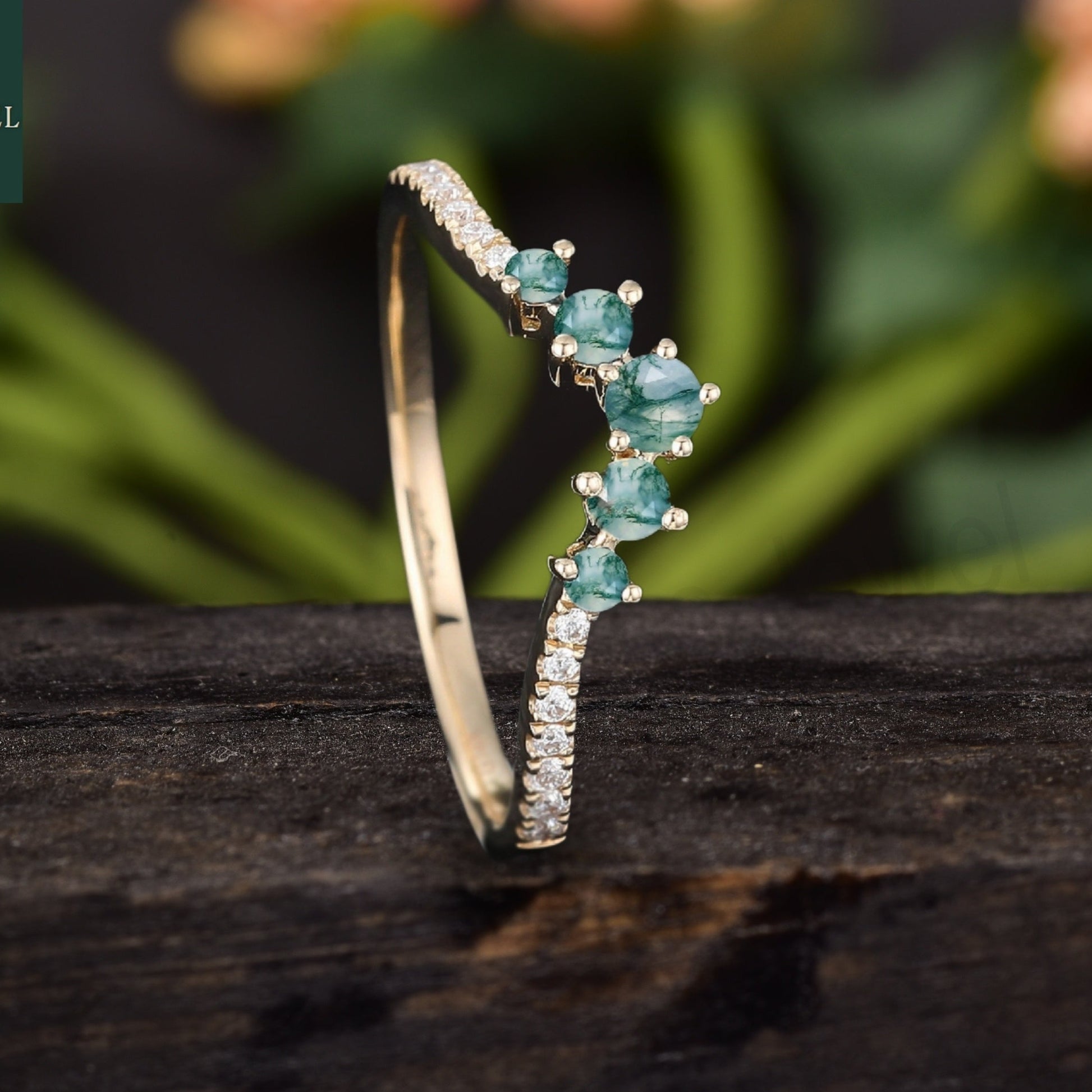 Natural Moss Agate Halo Eternity Wedding Band 