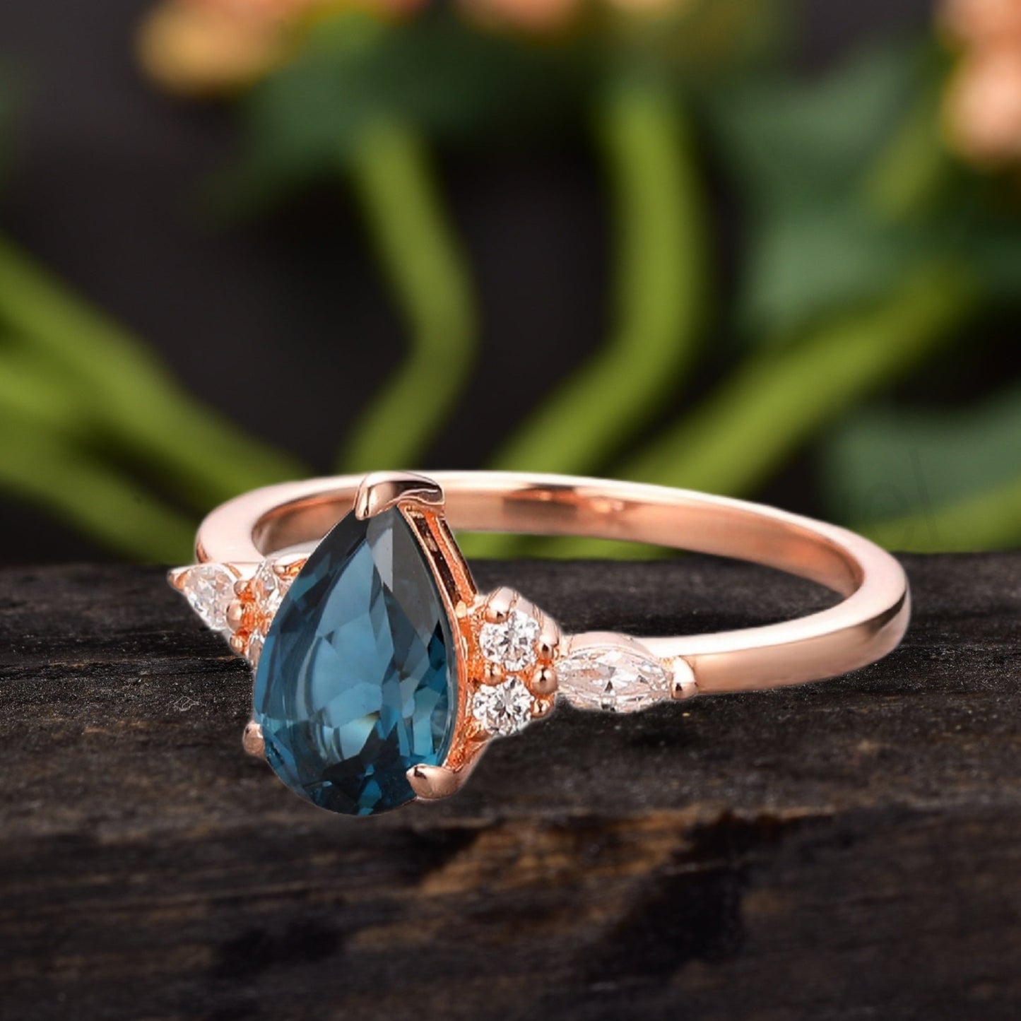 Pear Shaped London Blue Topaz Cluster Engagement Ring