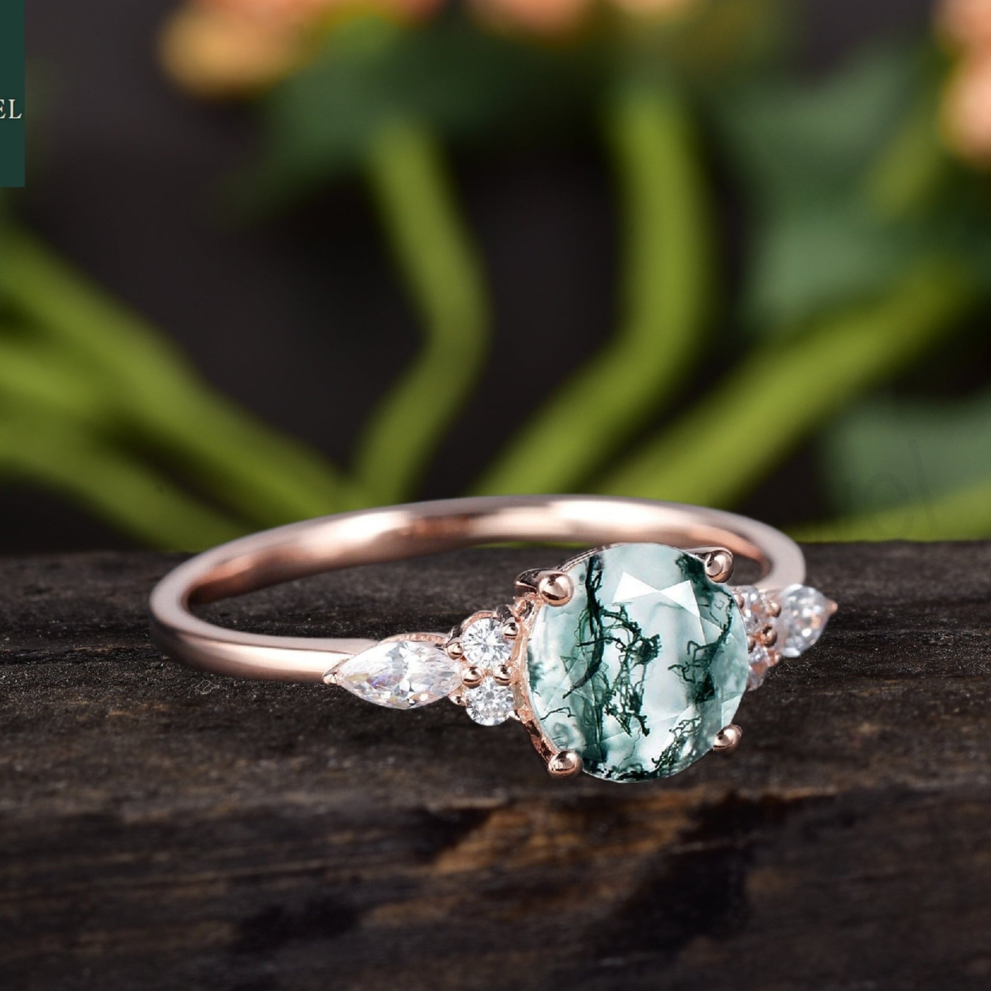 Round Cut Moss Agate Cluster Engagement Ring