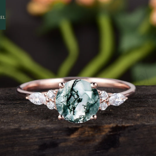 Round Cut Moss Agate Cluster Engagement Ring