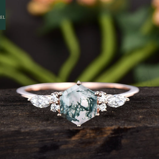 Hexagon Cut Moss Agate Engagement Ring