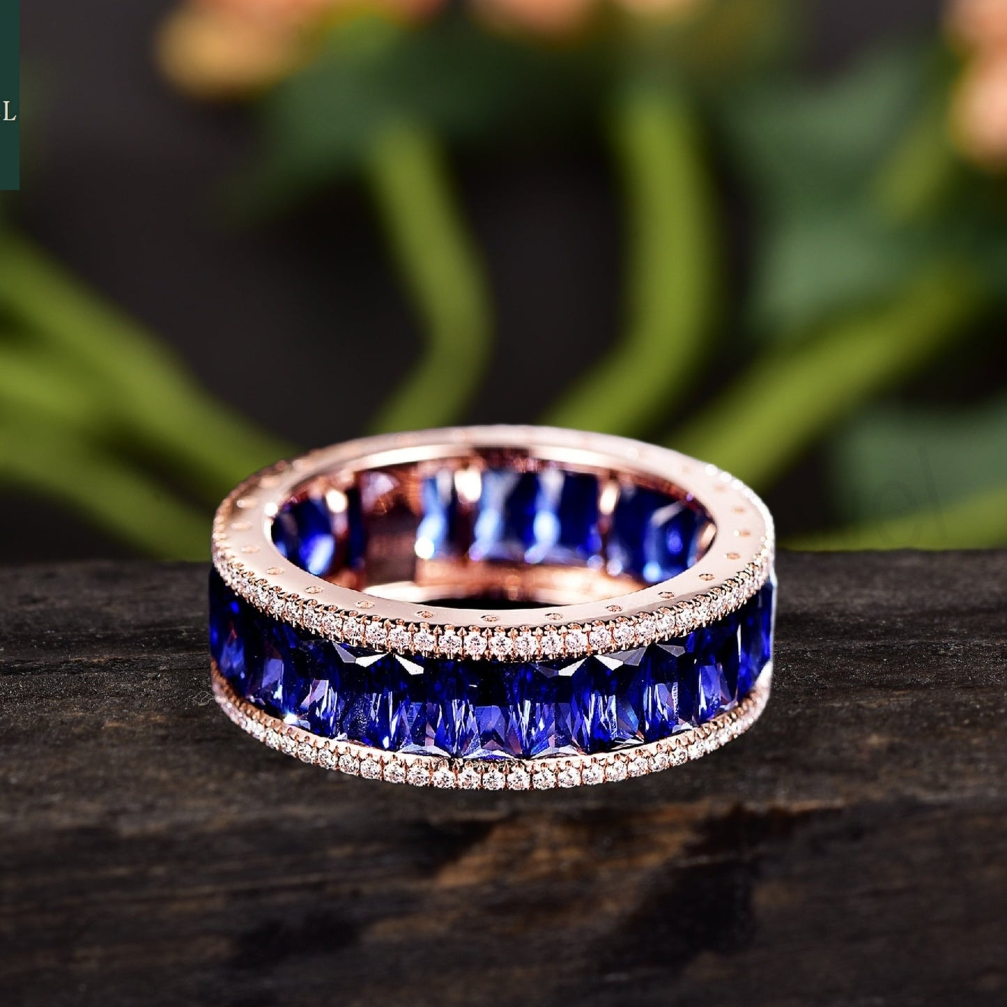 Natural Emerald-Cut Sapphire Halo Wedding Band