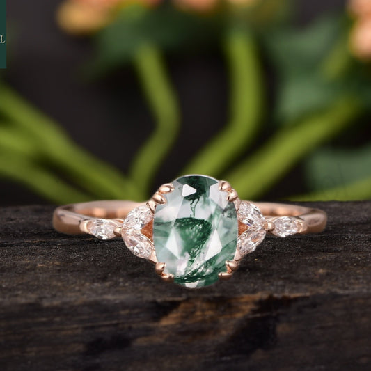 Oval Moss Agate Cluster Engagement Ring