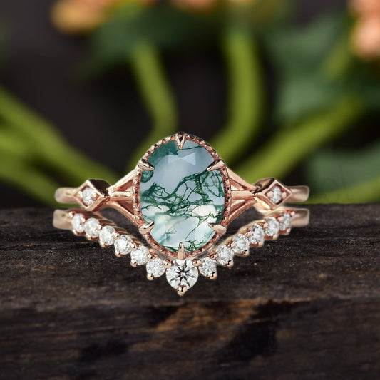 Oval Moss Agate Bridal Engagement Ring Set 