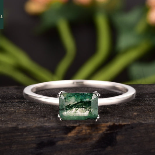 Dainty Emerald Cut Moss Agate Solitaire Engagement Ring