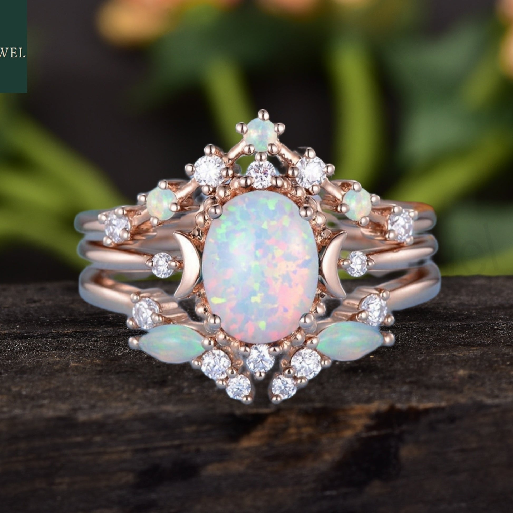 Opal Celestial Moon Engagement Ring Bridal Set