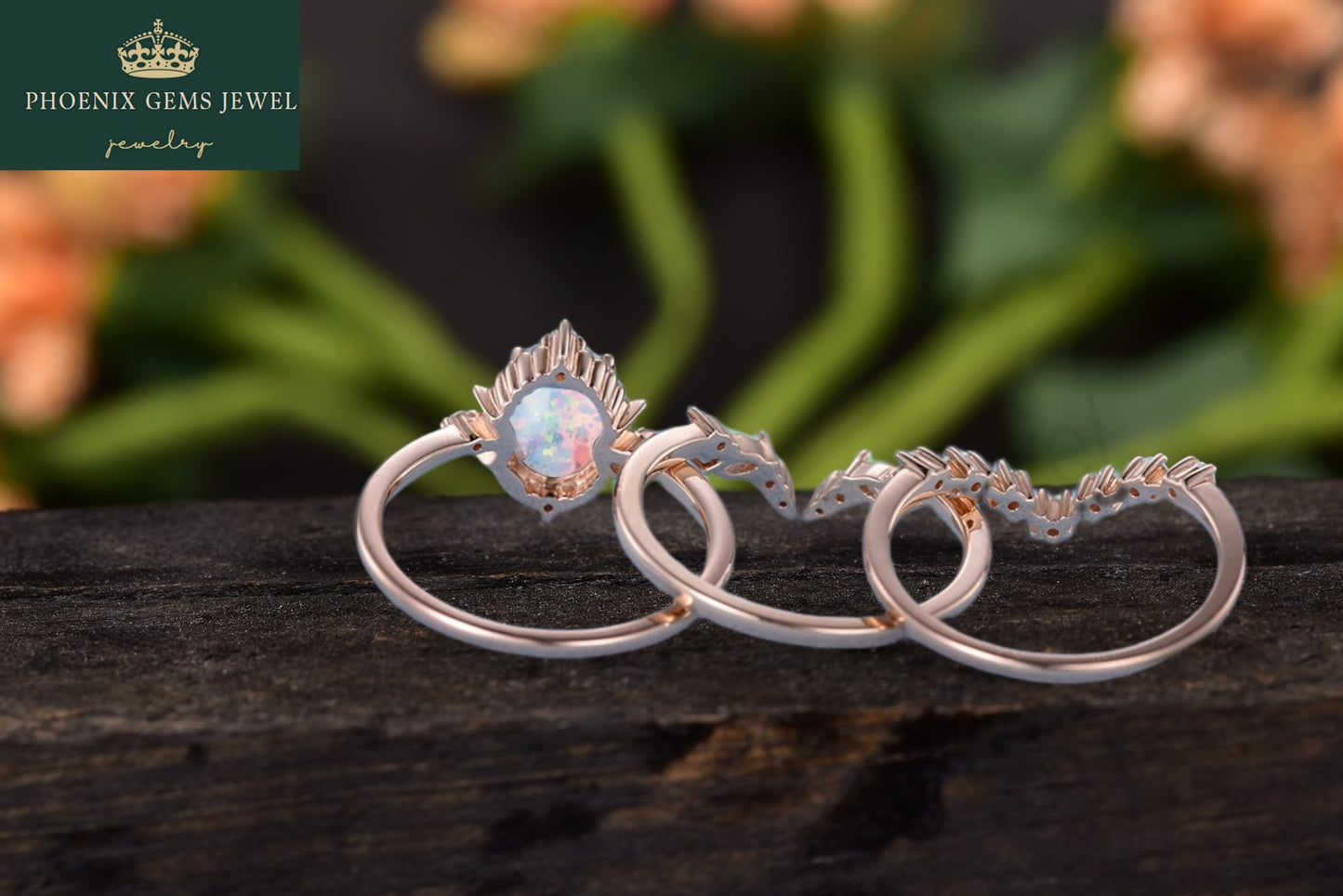 Opal Celestial Moon Engagement Ring Bridal Set