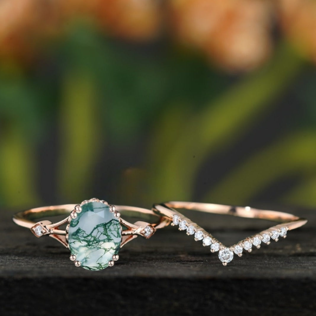 Oval Moss Agate engagement Bridal ring set 