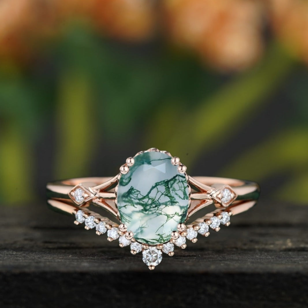 Oval Moss Agate engagement Bridal ring set 