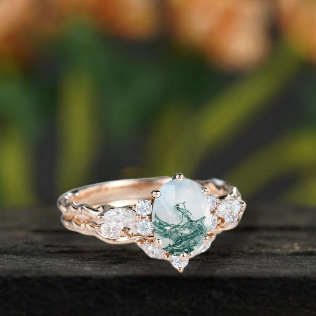 Oval Moss Agate engagement twisted bridal ring set 