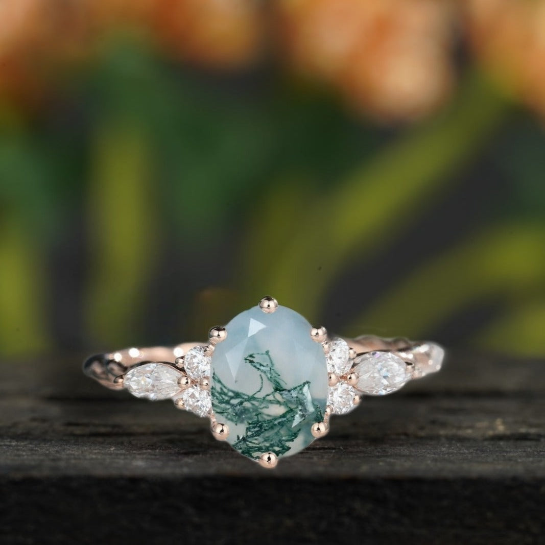 Oval Moss Agate engagement twisted bridal ring set 
