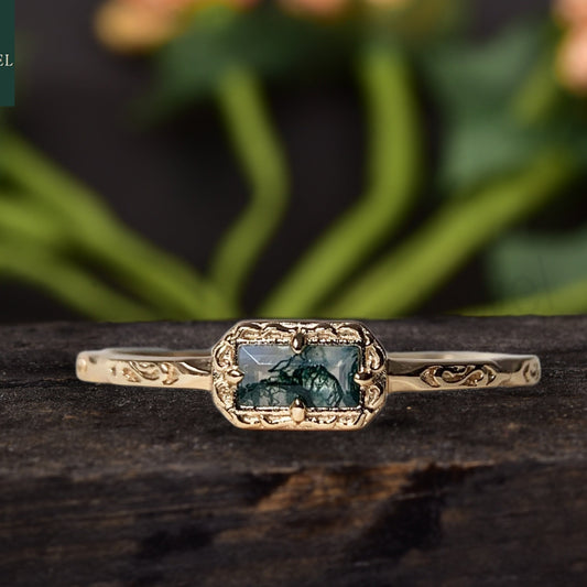 Unique Baguette Cut Moss Agate Engagement Ring