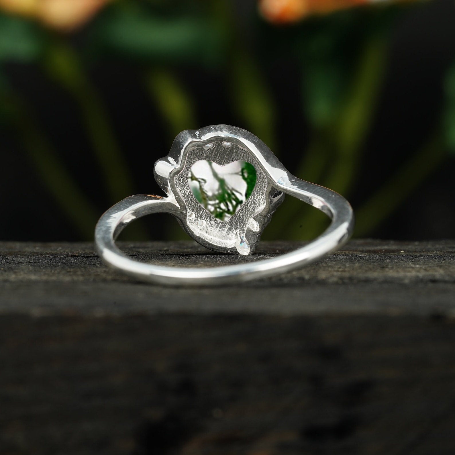 Heart Shaped Moss Agate Sterling Silver Engagement Ring 