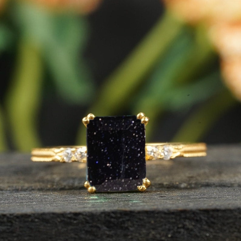 Emerald Cut Blue Sandstone Galaxy Stone Engagement Ring