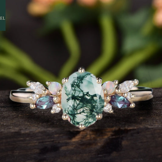 Oval Moss Agate Multi Stone Cluster Engagement Ring