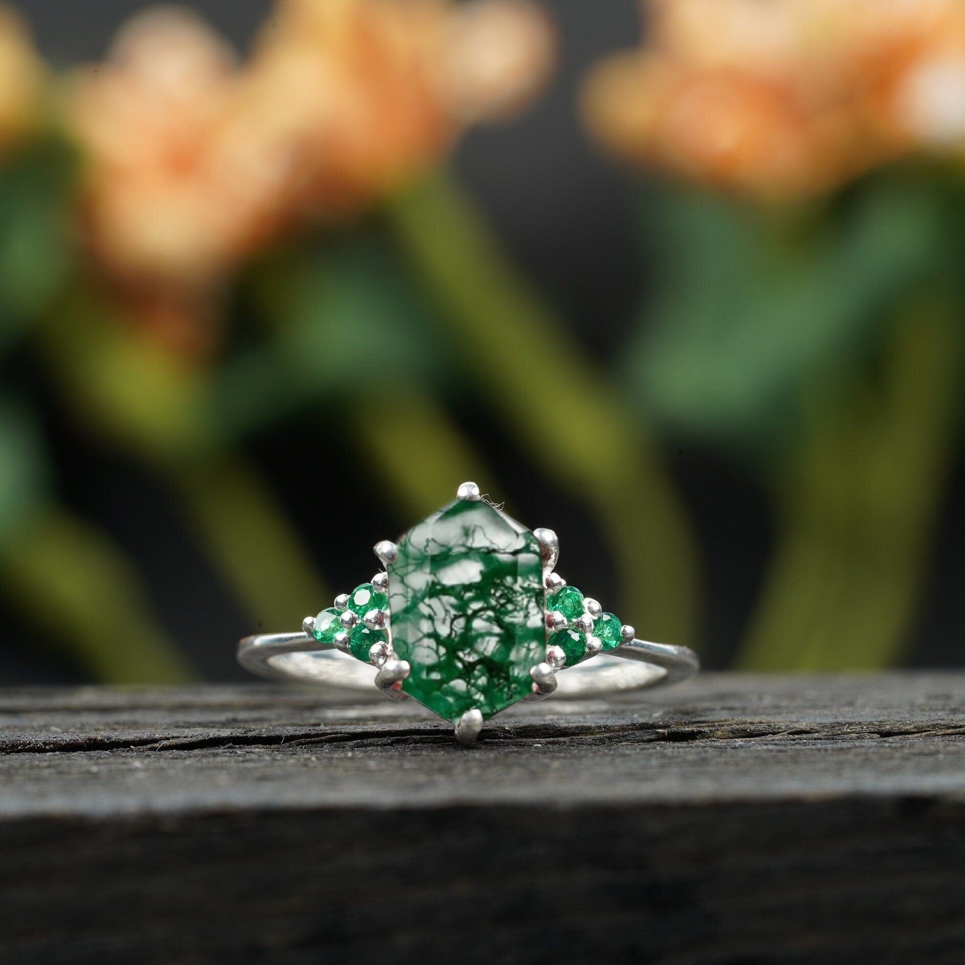 Hexagon Cut Moss Agate Engagement Ring