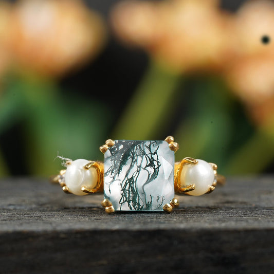 Cushion Cut Moss Agate And Pearl Engagement Ring 