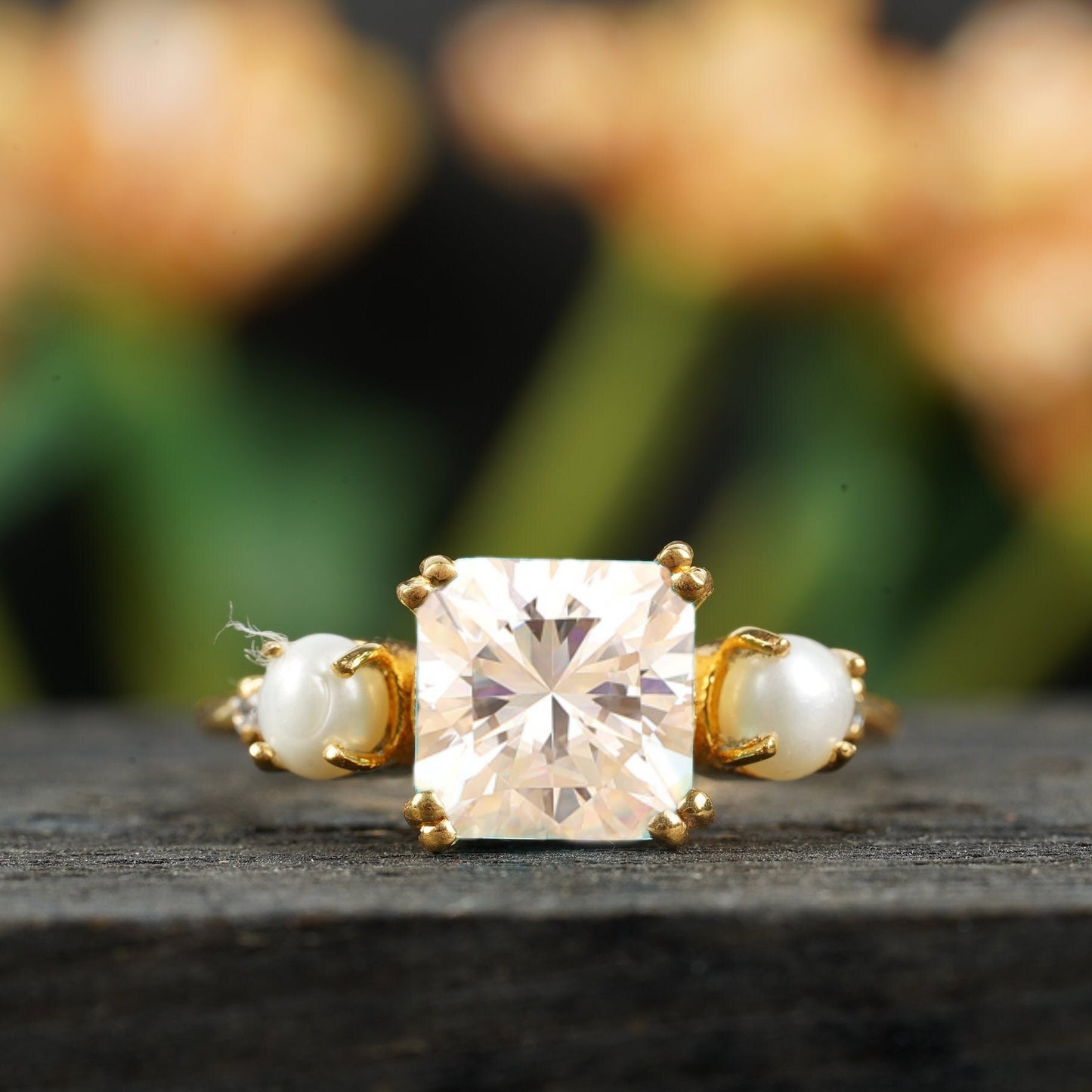 Moissanite And Pearl Cushion Cut Engagement Ring