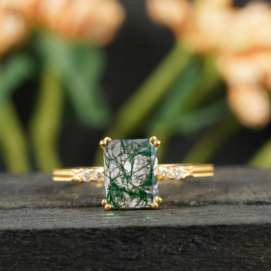 Natural Moss Agate Emerald Cut Engagement Ring