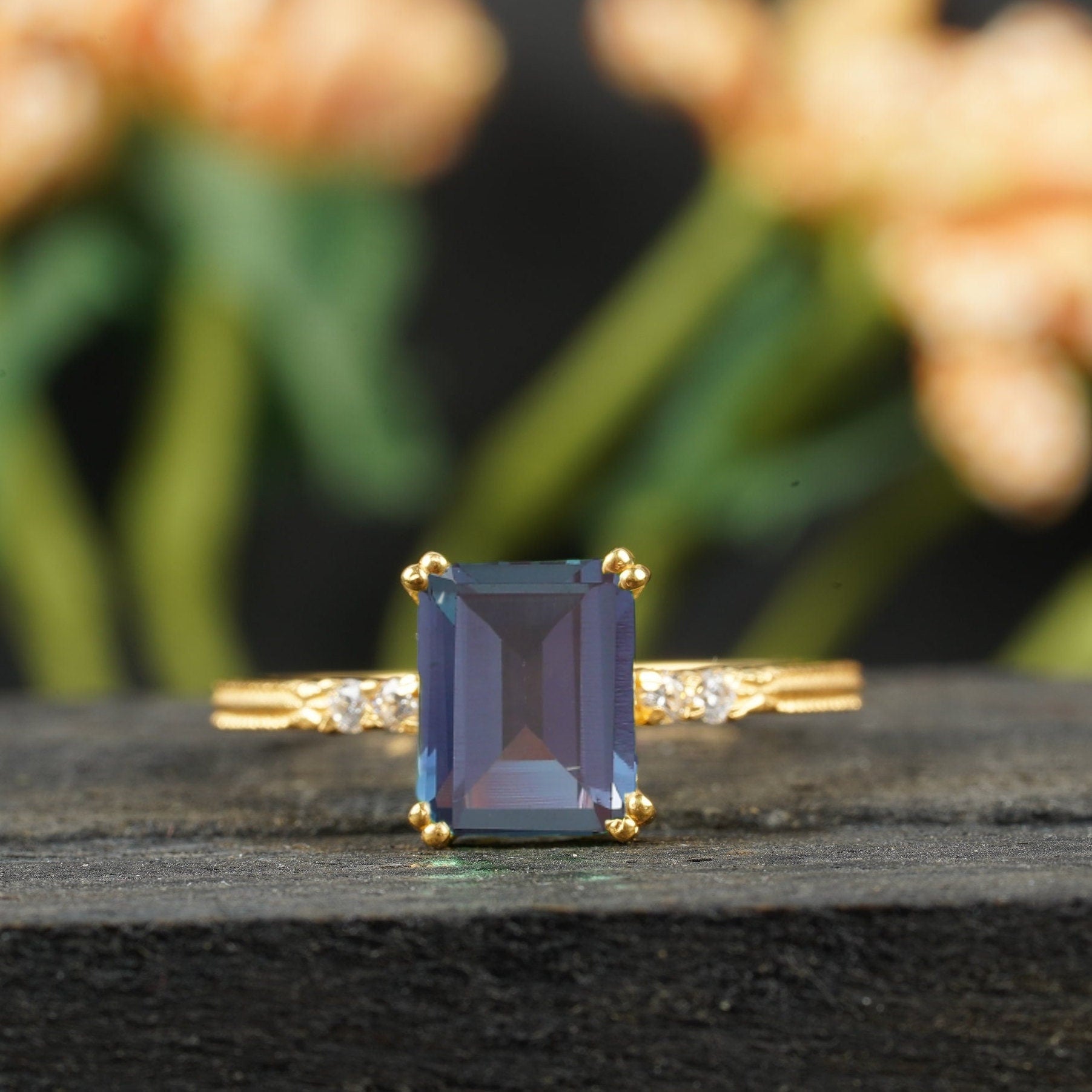 Emerald Cut Alexandrite Stone Solid Gold Engagement Ring