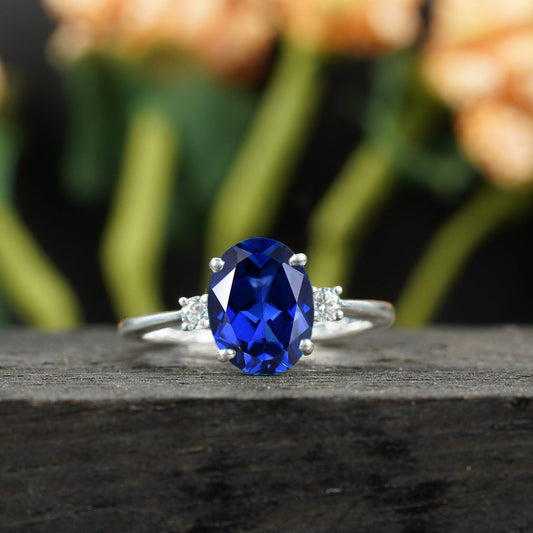 Oval Cut Blue Sapphire Sterling Silver Engagement Ring