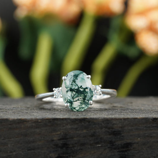 Oval Moss Agate Three Stone Solitaire Engagement Ring