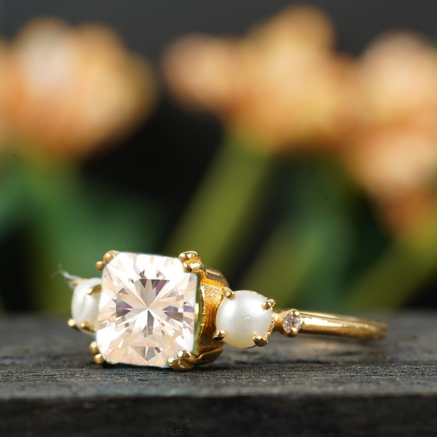 Moissanite And Pearl Cushion Cut Engagement Ring