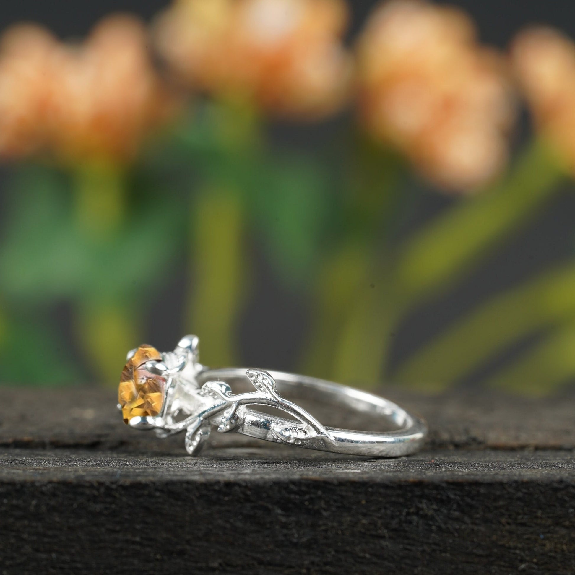 Round Cut Citrine Inspired Leaf Twig Engagement Ring