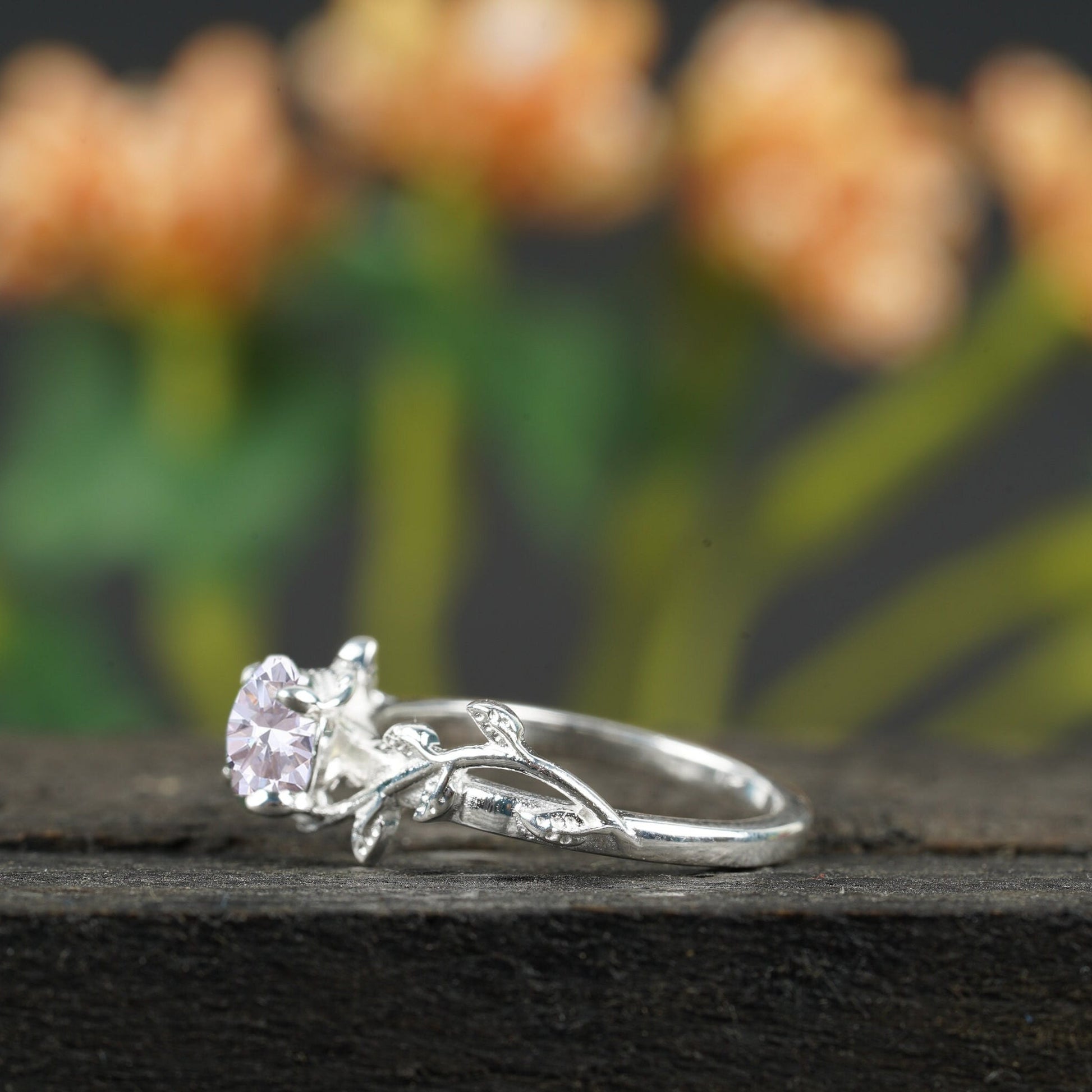 Round Cut Moissanite Leaf Floral Prong Set Engagement Ring