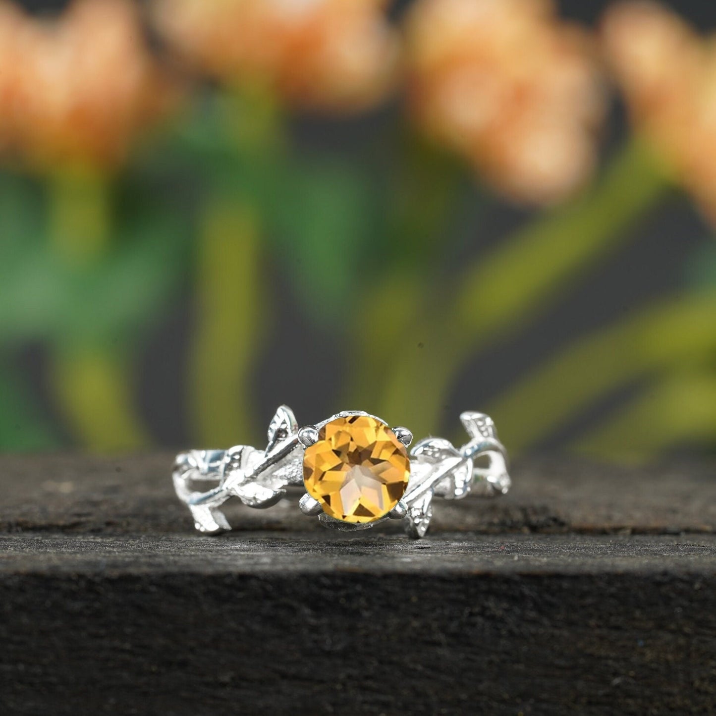 Round Cut Citrine Inspired Leaf Twig Engagement Ring