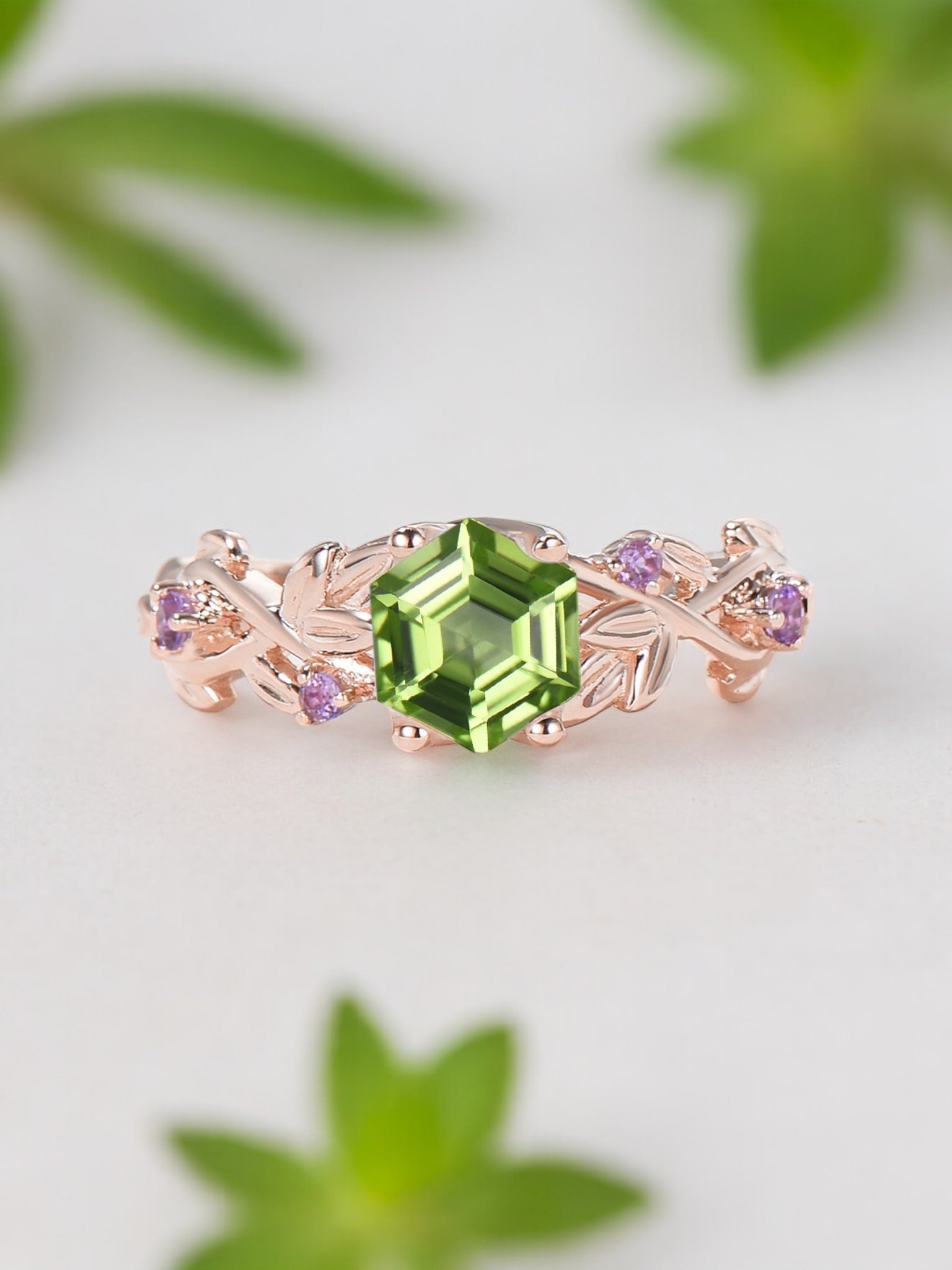 Hexagon Peridot Twig Vine Leaf Ring