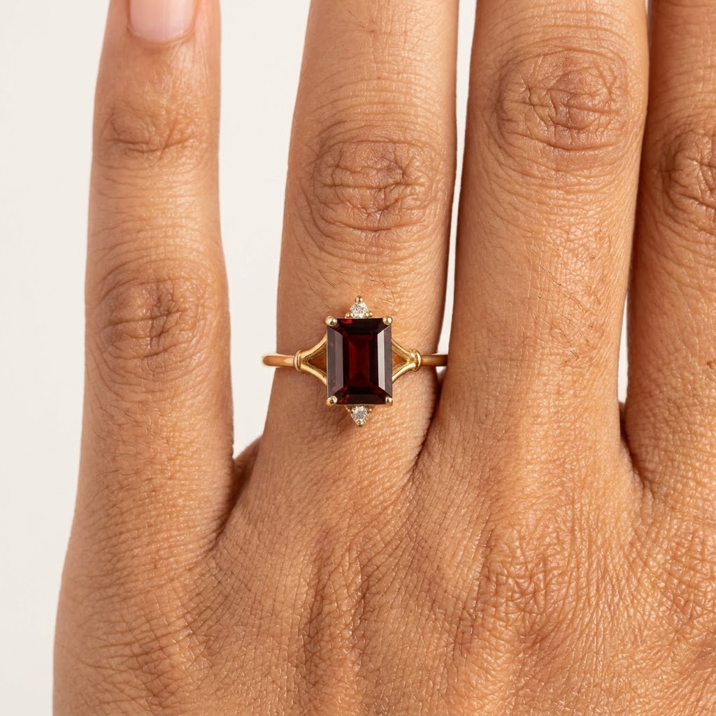 Emerald Cut Red Garnet Engagement Ring With Model Finger