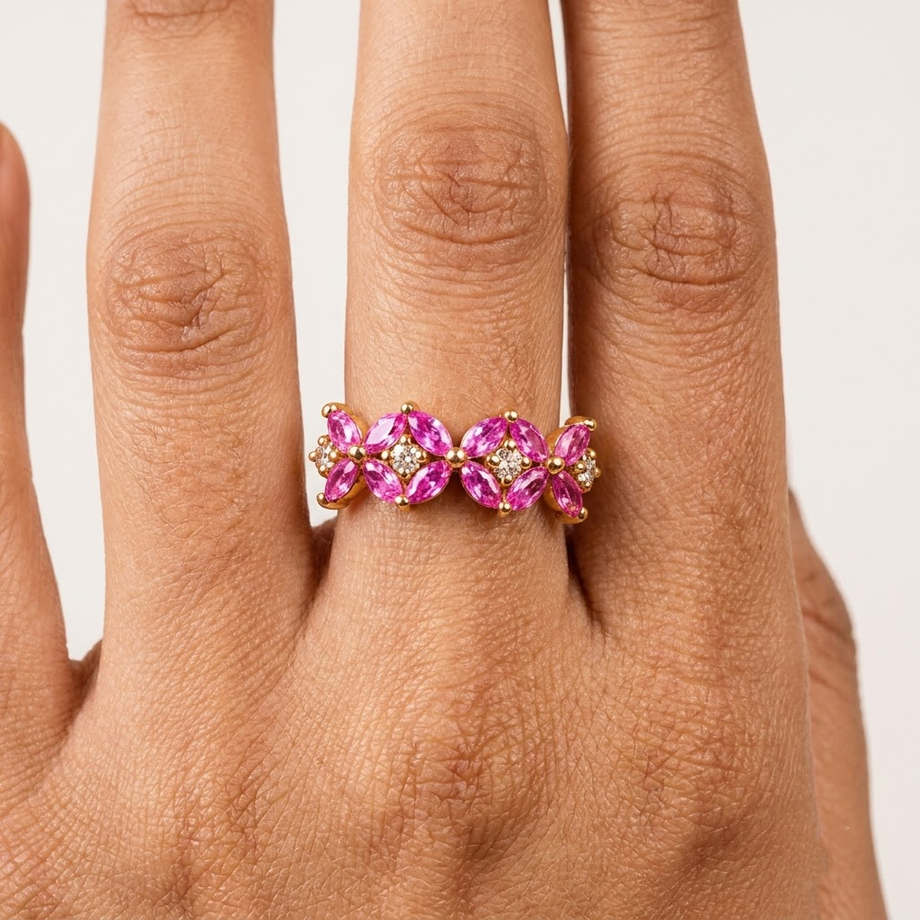 Vintage Pink Sapphire Marquise Cluster Engagement Ring With Model Finger