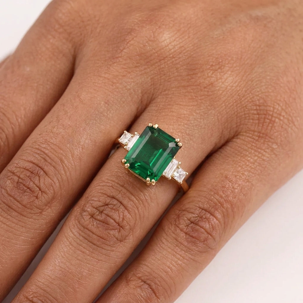 Baguette Cut Moissanite & Green Emerald Ring With Model FInger