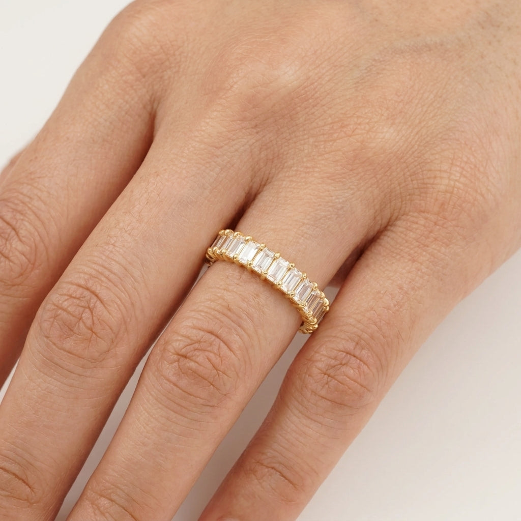 Baguette Cut Moissanite Wedding Band Half Eternity Band With Model Finger