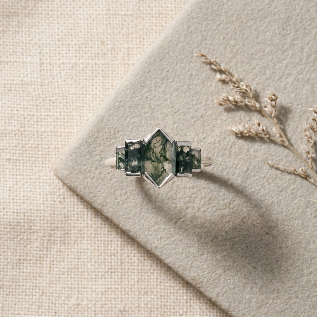 Bezel Set Moss Agate Hexagon Engagement Ring