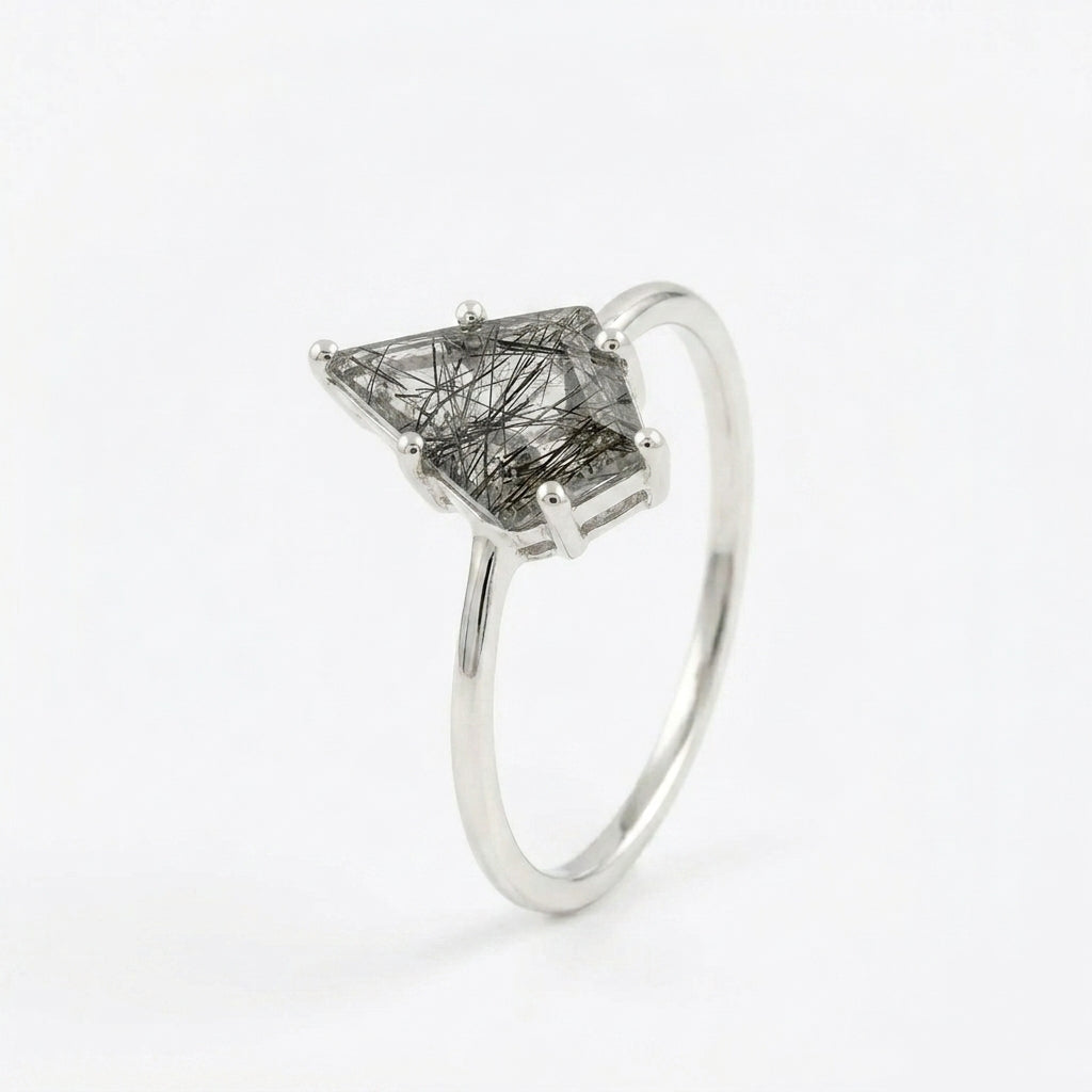 Kite Shaped Black Rutile Quartz Silver Ring