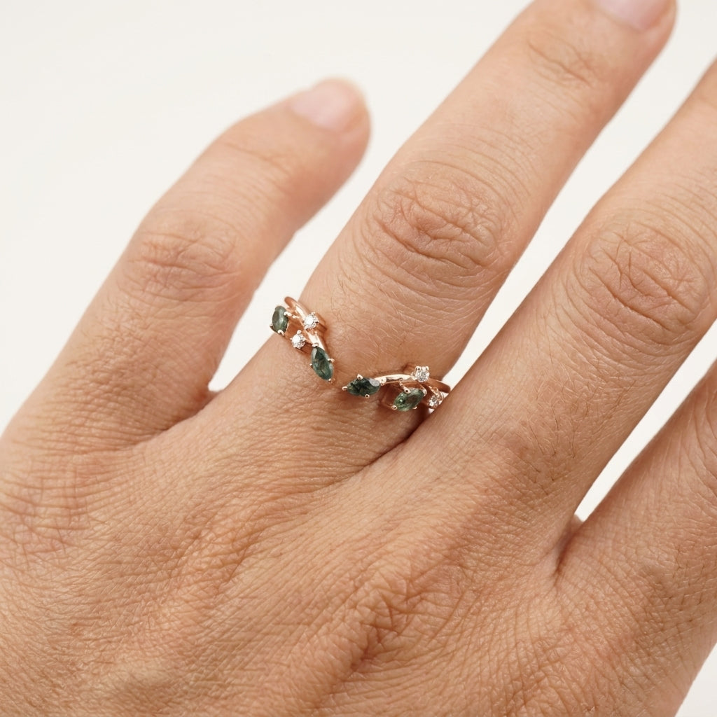 Natural Moss Agate Open Wedding Band With Model Finger