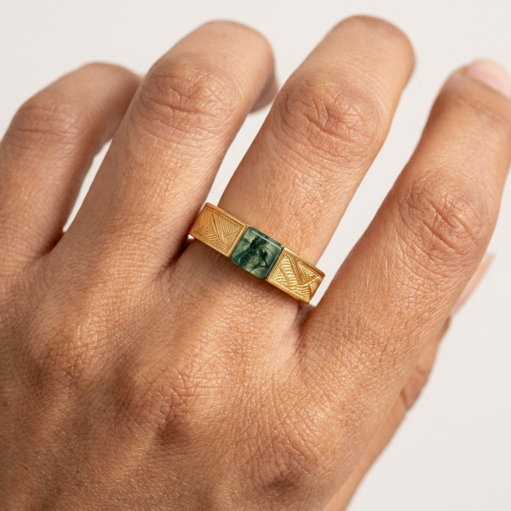 Natural Unique Green Moss Agate Men Wedding Band With Model Finger