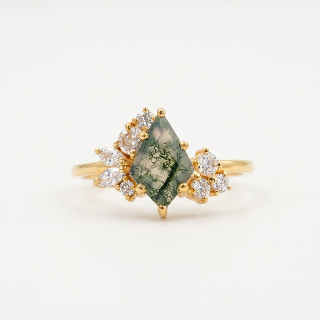 Kite Cut Moss Agate Cluster Diamond Gold Engagement Ring