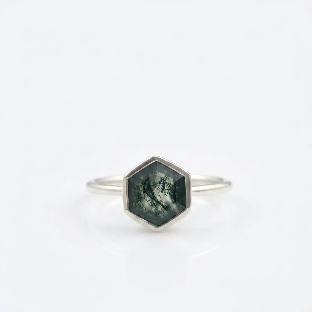 Hexagon Cut Moss Agate Bezel Set Silver Engagement Ring