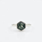 Hexagon Cut Moss Agate Bezel Set Silver Engagement Ring