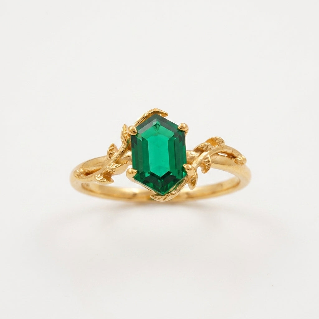 Emerald Hexagon Engagement Gold Ring
