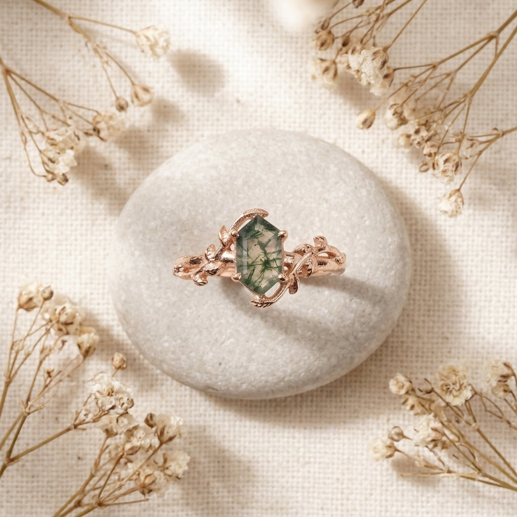 Long Hexagon Cut Moss Agate Leaf Solitaire Ring Stand on stone