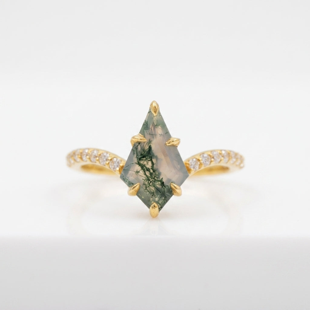 Kite Moss Agate Halo Diamond Gold Engagement Ring