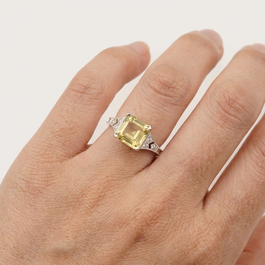 Yellow Moissanite Asscher Cut Engagement Ring With Model Finger