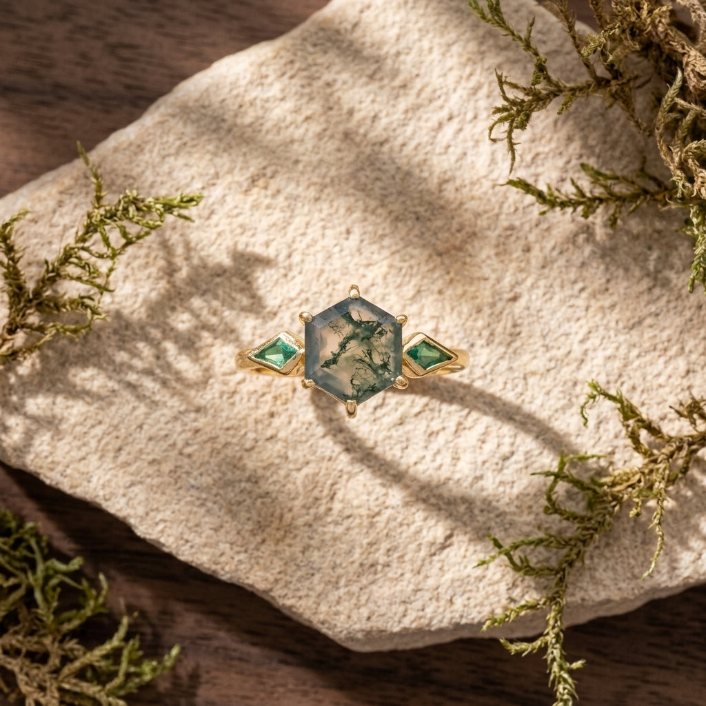 Kite Emerald Moss Agate Hexagon Engagement Ring Stand on stone