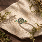 Kite Emerald Moss Agate Hexagon Engagement Ring Stand on stone