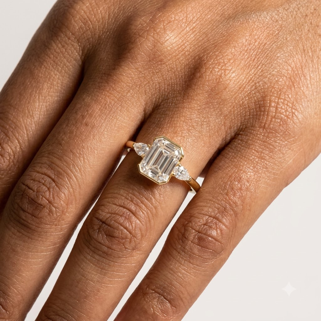 Emerald Cut Moissanite Engagement Ring With Model Finger