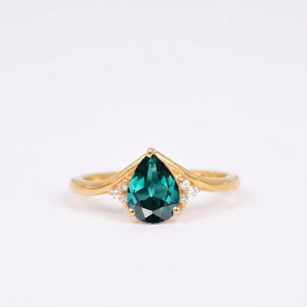 Green Emerald & Diamond Gold Engagement Ring